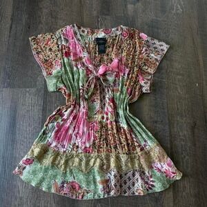 Vintage Patchwork Boho Floral Tie Front Blouse Cottagecore Fairy Top